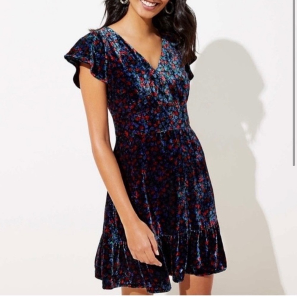 LOFT Navy Floral Velvet Mini Dress
